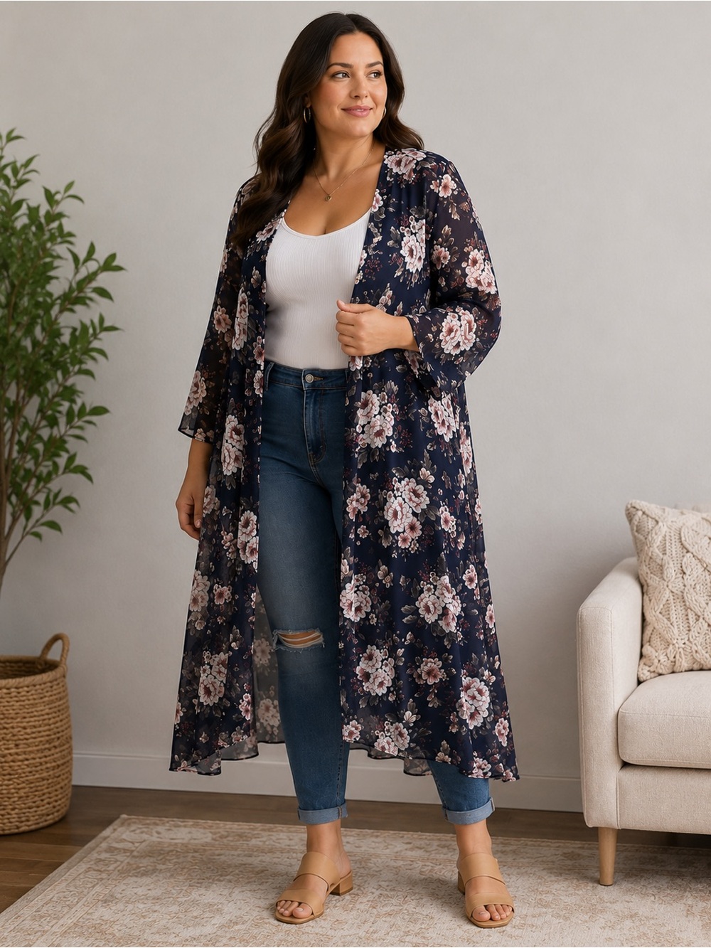 Torrid Size 1/2 Navy Floral Chiffon Long Duster Kimono Open Front Boho Plus Size